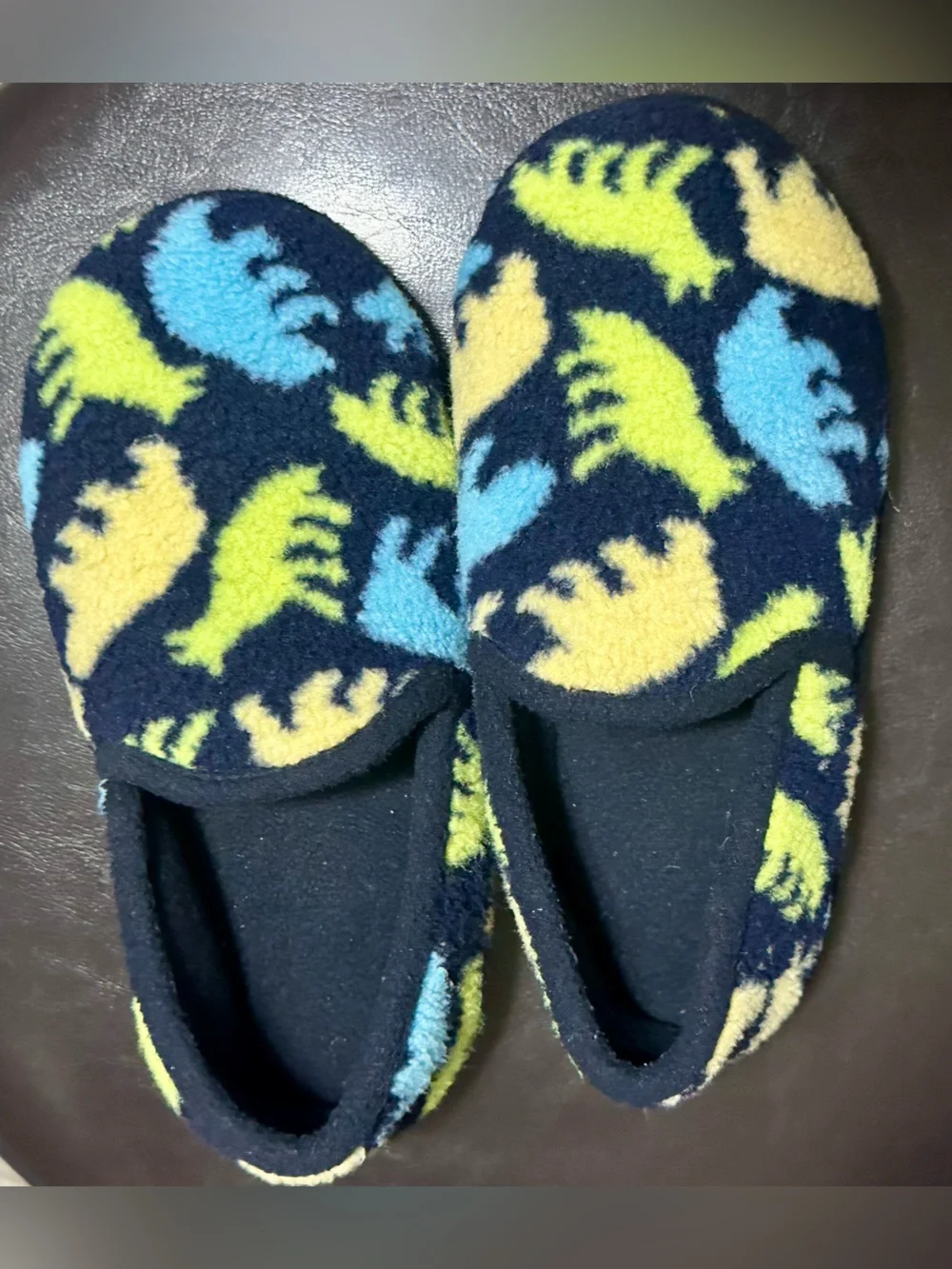 wonder nation Navy Slippers with Yellow & Light Blue Dino Print